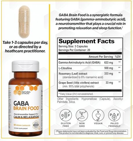 NATURAL STACKS GABA Supplement w/L-Citrulline & Grape Seed Extract - 20 Servings (60 ct.) - Deep Relaxation and Calm - Night Time Aid - Brain Food Formula Promotes GABA (Gamma-Aminobutyric Acid) in Saudi Arabia