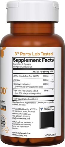NATURAL STACKS GABA Supplement w/L-Citrulline & Grape Seed Extract - 20 Servings (60 ct.) - Deep Relaxation and Calm - Night Time Aid - Brain Food Formula Promotes GABA (Gamma-Aminobutyric Acid) in Saudi Arabia