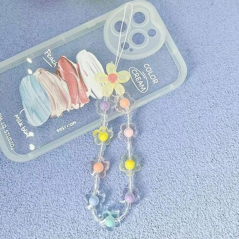 tenghong2021 Colorful Flower Daisy Transparent Beaded Phone Charm Y2K Cute Phone Strap Pink Yellow Green Daisy Lanyard Jewelry Keychain Charm for Women Girl Gifts in Saudi Arabia
