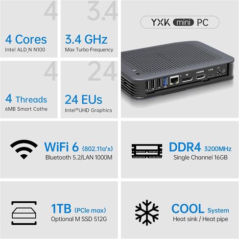 Yxk S15 UItra Mini PC,12th Gen Alder Lake- N100(up to 3.41GHz), 16GB DDR4 RAM 1TB M.2 SSD, Desktop Computer Support 4K Dual Display/USB3.2/WiFi 6/BT5.2/2.5g or Gigabit Ethernet for Home/Office in Saudi Arabia