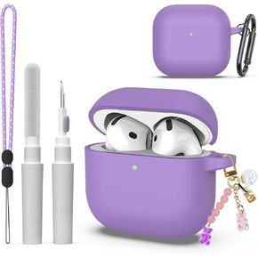 Silicone Case for AirPods 4 (2024), Soft Silicone AirPods 4 Case Shockproof Protective Cover Compatible with AirPods 4th Generation Case for Women w/Keychain/Cute Pendant/Lanyard/Cleaner Kit (Purple)