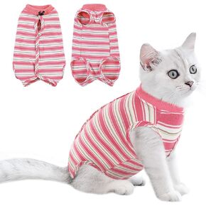 Queenmore Cat Recovery Suit,Cat Suit for Cats After Surgery Female,Featured Striped Post-Surgery Bodysuit,Cat Surgery Recovery Suit Female Cone of Shame Alternative for Cats Anti Licking(Blue,M)