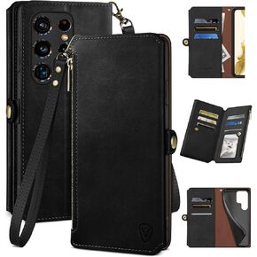 XcaseBar for Samsung Galaxy S22 Ultra 5G Wallet case with Credit Card Holder,【RFID Blocking】 Zipper Flip Folio Book PU Leather Phone case Shockproof Cover Women Men for Samsung S22Ultra case Red