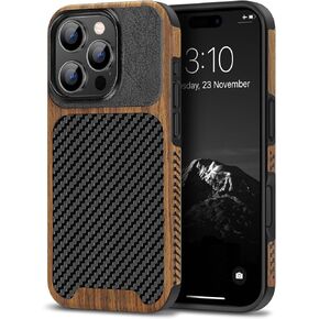 حافظة هاتف TENDLIN متوافقة مع هاتف iPhone 16 Pro Max، مصنوعة من الخشب المحبب مع نسيج من ألياف الكربون، حافظة جلدية هجينة رفيعة (أسود)
