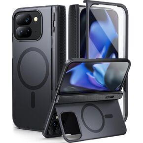 حافظة TONGATE لهاتف Pixel 9 Pro قابلة للطي مع مسند، حافظة هاتف متينة قابلة للطي Google 9Pro مدمجة في واقي الشاشة وحماية المفصلات، حافظة نحيفة بحامل أفقي كبير لهاتف Google Pixel Fold 2 2024، أسود