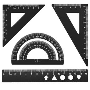 MSDADA Triangle Ruler, Protractor, Square and Ruler Set, 4 Pieces Aluminum Alloy Ruler, Metal Drafting Ruler Kit, Geometric Protractor for Student, School, Home, Office (Pink, 20cm/7.87inch)