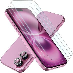 beuxece 3 Pack for iPhone 16 Screen Protector 6.1" [9H Tempered Glass] [Bubble Free] [Military Grade Protection] & 1 Set of Glitter Camera Lens Protector for Women - Silver