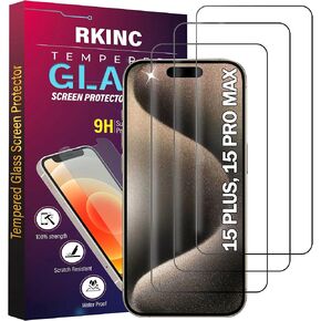 RKINC Screen Protector [3-Pack] for iPhone 15 Pro Max 6.7-Inch, Tempered Glass Film Screen Protector, 0.33mm [LifetimeWarranty][Bubble-Free][Anti-Scratch][Anti-Shatter]