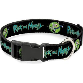 Rick and Morty Pet Collar, Dog Collar Plastic Buckle, Rick and Morty Title Logo and Portal Pose Black, 15 to 24 Inches 1.0 Inch Wide