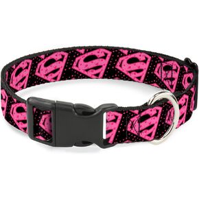 Buckle-Down Plastic Clip Collar - Diagonal Superman Logo w/Hearts Black/Pink - 1.5" Wide - Fits 18-32" Neck - Large