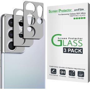 amFilm (3 Pack) Camera Screen Protector for Samsung Galaxy S21 Ultra 5G 6.8 inch, Tempered Glass Camera Lens Protector, NO Flash Reflection, Black