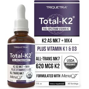 Total K2® | Vitamin K2 as MK7 & MK4 | Plus K1 & Vitamin D3 Cofactor - 620 mcg K2 per Serving - All-Trans MK7 from MenaQ7® - Full-Spectrum Vitamin K - Vegan, Organic Certified (60 Capsules)