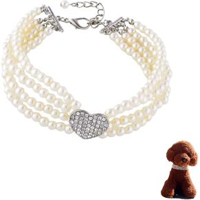 Dog Necklace Collar with Four Rows of Imitation Pearl Fancy Dog Collar Adjustable Dog Pearl Collar Jewelry for Dog Cat Puppy Kitten (Size S 7.87+1.97in)