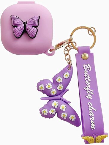 Compatible with Samsung Galaxy Buds Pro/Galaxy Buds Live Case with Butterfly Keychain, Protective Silicone Kids Teens Girls Women Funny Kawaii 3D Cute Cover for Galaxy Buds 2 /Buds 2 Pro - Purple in Saudi Arabia