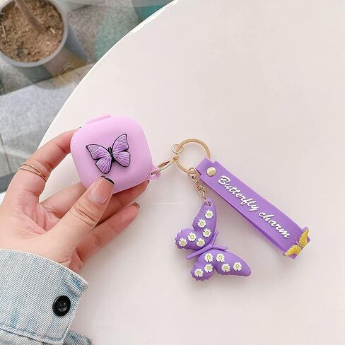 Compatible with Samsung Galaxy Buds Pro/Galaxy Buds Live Case with Butterfly Keychain, Protective Silicone Kids Teens Girls Women Funny Kawaii 3D Cute Cover for Galaxy Buds 2 /Buds 2 Pro - Purple in Saudi Arabia