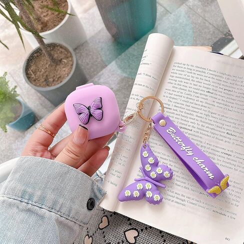 Compatible with Samsung Galaxy Buds Pro/Galaxy Buds Live Case with Butterfly Keychain, Protective Silicone Kids Teens Girls Women Funny Kawaii 3D Cute Cover for Galaxy Buds 2 /Buds 2 Pro - Purple in Saudi Arabia