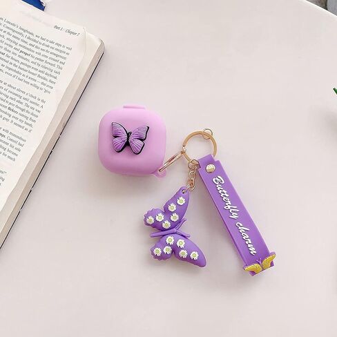 Compatible with Samsung Galaxy Buds Pro/Galaxy Buds Live Case with Butterfly Keychain, Protective Silicone Kids Teens Girls Women Funny Kawaii 3D Cute Cover for Galaxy Buds 2 /Buds 2 Pro - Purple in Saudi Arabia