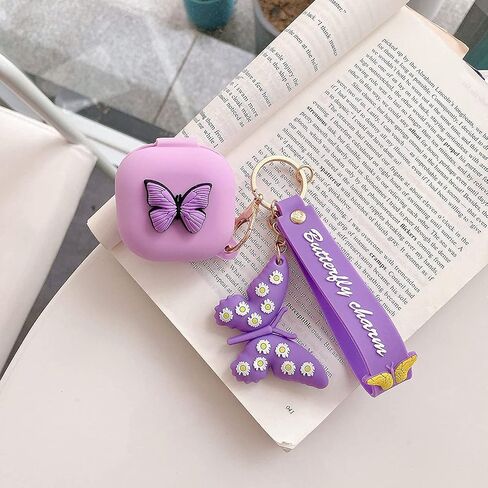 Compatible with Samsung Galaxy Buds Pro/Galaxy Buds Live Case with Butterfly Keychain, Protective Silicone Kids Teens Girls Women Funny Kawaii 3D Cute Cover for Galaxy Buds 2 /Buds 2 Pro - Purple in Saudi Arabia