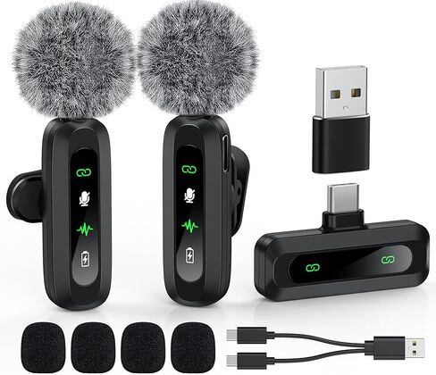 Wireless Lavalier Microphone for iPhone, Android, USB C, PC, Camera Video Recording 4 in 1 Clip-on Mics with Rotatable Clip&Denoise Recording, for Vlog Tiktok YouTube Podcast Content Creator in Kuwait