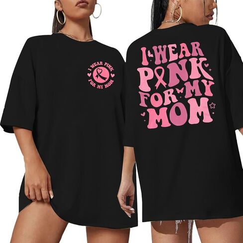 FASHGL I Wear Pink for My Mom T-Shirt Women Breast Cancer Awareness Shirts Pink Ribbon Letter Tee Cancer Fighter Tops in Kuwait