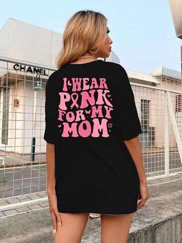 FASHGL I Wear Pink for My Mom T-Shirt Women Breast Cancer Awareness Shirts Pink Ribbon Letter Tee Cancer Fighter Tops in Kuwait
