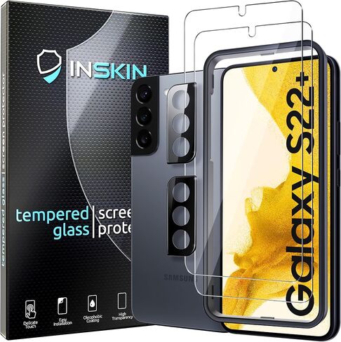 Inskin Tempered Glass Screen Protector for Samsung Galaxy S22 Plus 5G 6.6 inch [2022] - Ultimate 2+2 Set with Camera Lens Guard and Auto Alignment Tray - Ultra HD, Plasma Coating, Case Compatible in Kuwait
