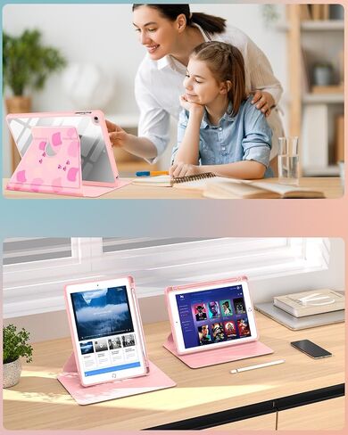 مروحة عصرية لجهاز iPad Air 2/Air 1/لجهاز iPad 5th/6th Generation/Pro 9.7 بوصة حافظة للفتيات البنات والأطفال والنساء كارتون لطيف Kawaii 360 درجة حامل قابل للطي حامل قلم رصاص لجهاز Apple i Pad 9.7 بوصة غطاء الدب in Saudi Arabia