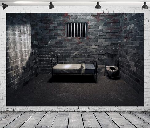 BELECO 7x5ft Fabric Prison Cell Backdrop Prison Forbidden Room Photography Backdrop Dark Jail Cell with Bed Bloodstains for Murder Mystery Crime Scene Party Decorations Kids Adults Photo Props in Saudi Arabia