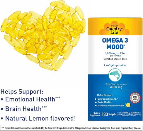 Country Life Omega 3 Mood، 2000 ملغ من زيت السمك مع EPA وDHA، 90 كبسولة هلامية، خالية من الغلوتين معتمدة in Saudi Arabia