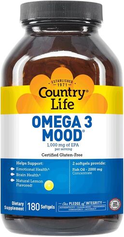 Country Life Omega 3 Mood، 2000 ملغ من زيت السمك مع EPA وDHA، 90 كبسولة هلامية، خالية من الغلوتين معتمدة in Saudi Arabia