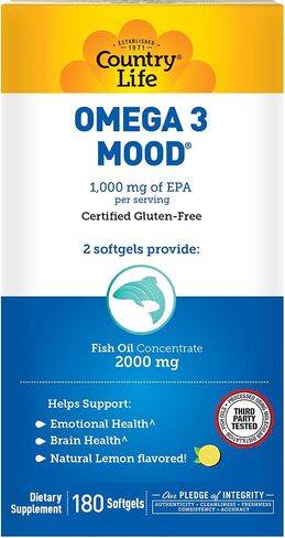 Country Life Omega 3 Mood، 2000 ملغ من زيت السمك مع EPA وDHA، 90 كبسولة هلامية، خالية من الغلوتين معتمدة in Saudi Arabia