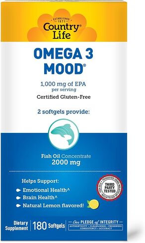 Country Life Omega 3 Mood، 2000 ملغ من زيت السمك مع EPA وDHA، 90 كبسولة هلامية، خالية من الغلوتين معتمدة in Saudi Arabia