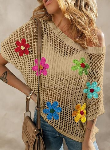 Urchics Womens Crochet Tops Flower Hollow Out Cover Up Short Sleeve Knit Pullover Sweater Summer Beach Coverup in Saudi Arabia