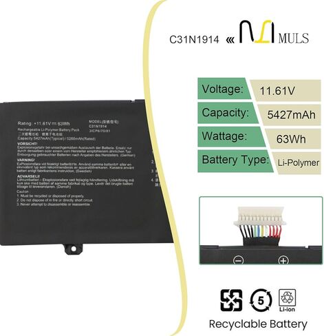 استبدال بطارية الكمبيوتر المحمول MULS C31N1914 لجهاز Asus ZenBook 13 UX425UG ZenBook 14 Ultralight UX435EAL ZenBook 14 UX435EA UX435EG UM425QA E410MA UX435EAL-1WIPS511 Series 0B200-03730100 63Wh 11.61V in Saudi Arabia