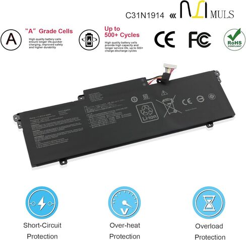 استبدال بطارية الكمبيوتر المحمول MULS C31N1914 لجهاز Asus ZenBook 13 UX425UG ZenBook 14 Ultralight UX435EAL ZenBook 14 UX435EA UX435EG UM425QA E410MA UX435EAL-1WIPS511 Series 0B200-03730100 63Wh 11.61V in Saudi Arabia