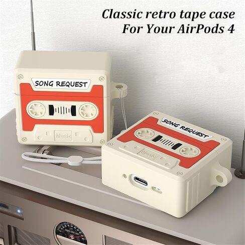 Case Compatible with AirPods 4 with Active Noise Cancellation with Keychain & Lanyard, Cartoon Funny Cassette Tape Design Soft Silicone Case for Men Women in Saudi Arabia