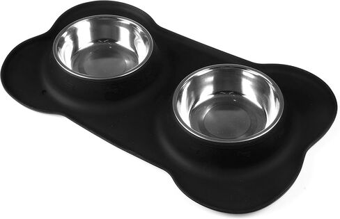 Lifepul(TM Dog Bowls الفولاذ المقاوم للصدأ أطباق مزدوجة للكلاب والقطط والحيوانات الأليفة الصغيرة مع حصيرة سيليكون مضادة للانسكاب وغير قابلة للانزلاق، أسود 24 أونصة in Saudi Arabia