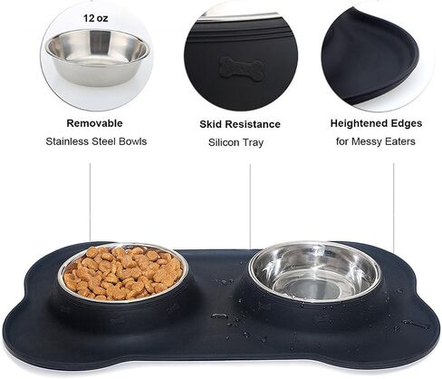 Lifepul(TM Dog Bowls الفولاذ المقاوم للصدأ أطباق مزدوجة للكلاب والقطط والحيوانات الأليفة الصغيرة مع حصيرة سيليكون مضادة للانسكاب وغير قابلة للانزلاق، أسود 24 أونصة in Saudi Arabia