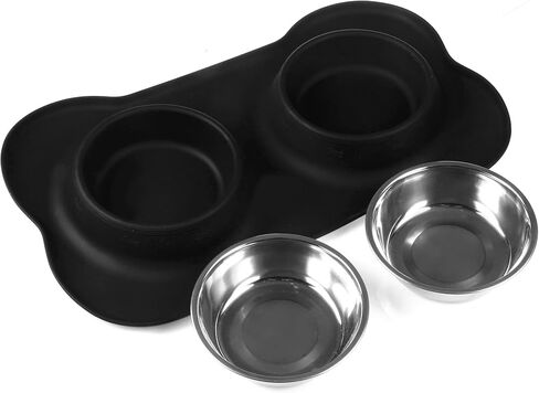 Lifepul(TM Dog Bowls الفولاذ المقاوم للصدأ أطباق مزدوجة للكلاب والقطط والحيوانات الأليفة الصغيرة مع حصيرة سيليكون مضادة للانسكاب وغير قابلة للانزلاق، أسود 24 أونصة in Saudi Arabia