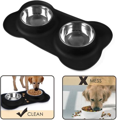 Lifepul(TM Dog Bowls الفولاذ المقاوم للصدأ أطباق مزدوجة للكلاب والقطط والحيوانات الأليفة الصغيرة مع حصيرة سيليكون مضادة للانسكاب وغير قابلة للانزلاق، أسود 24 أونصة in Saudi Arabia