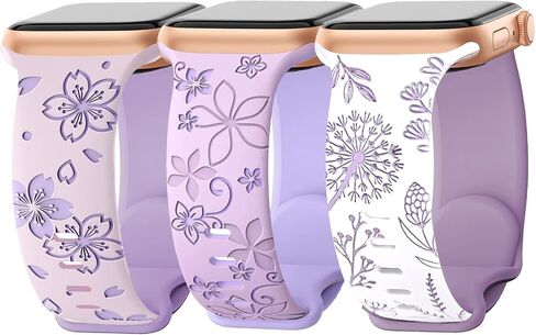 3 Packs Floral Engraved Bands Compatible with Apple Watch Band 40mm 38mm 41mm 42mm 44mm 45mm 49mm Women, Cute Two-Tone Flower Soft Silicone Sport Strap for iWatch Series SE 9 8 7 6 5 4 3 2 1 Ultra in Saudi Arabia