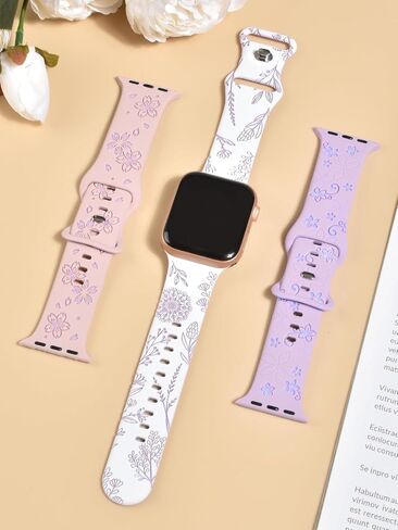 3 Packs Floral Engraved Bands Compatible with Apple Watch Band 40mm 38mm 41mm 42mm 44mm 45mm 49mm Women, Cute Two-Tone Flower Soft Silicone Sport Strap for iWatch Series SE 9 8 7 6 5 4 3 2 1 Ultra in Saudi Arabia