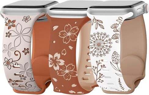 3 Packs Floral Engraved Bands Compatible with Apple Watch Band 40mm 38mm 41mm 42mm 44mm 45mm 49mm Women, Cute Two-Tone Flower Soft Silicone Sport Strap for iWatch Series SE 9 8 7 6 5 4 3 2 1 Ultra in Saudi Arabia