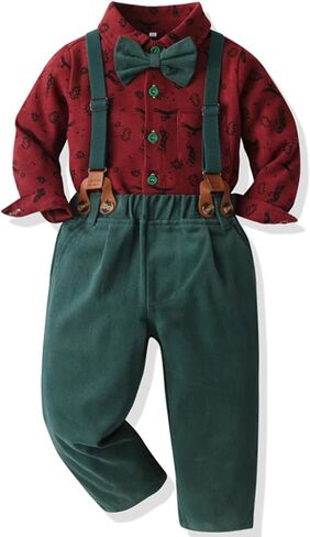 Baby Boy Christmas Outfit Toddlers Xmas 4PCS Bow-tie Shirt and Suspender Pants Gentleman Set in Saudi Arabia
