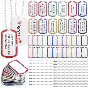 50 Set Glitter Military Dog Tags Set Including Laser Engraving Blanks Dog Tags Aluminum Blank Tags Ball Steel Chain Rectangle Pet Name ID Tag for Pet Cat DIY Craft Favors