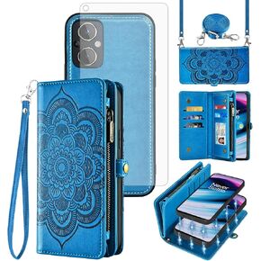 Asuwish Phone Case for OnePlus Nord N20 5G Zipper Wallet Cell Cover with Tempered Glass Screen Protector Strap Flower Card Holder Slot One Plus N 20 G5 1 Plus 20N 1plus One+ 1+ N205G Women Girls Blue