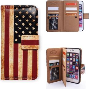 Bcov iPhone 8 Plus Wallet Case, Retro American Flag Multifunctional Flip Leather Case Wallet Folio Cover with Credit Card Slot ID Card Holder Wrist Strap for iPhone 8 Plus