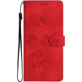 Flip Case Compatible with Motorola Moto E (2020) |Embossed Flower Butterfly Premium PU Leather Wallet Case | [Kickstand] [Card Slots] [Wrist Strap] Shockproof Phone Cover | Red