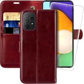 MONASAY Wallet Case Compatible for Galaxy A52/A52S 5G&4G, [Included Glass Screen Protector][RFID Blocking] Flip Folio Leather Cell Phone Cover with Credit Card Holder 6.5 inch, Burgundy