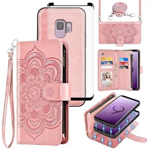 حافظة هاتف Asuwish لهاتف Samsung Galaxy S9 مزودة بسحاب ومحفظة مغناطيسية قابلة للفصل مع واقي شاشة من الزجاج المقسى وحزام كروس وحامل بطاقة زهرة ماندالا S 9 Edge 9S GS9 للنساء والفتيات باللون الأزرق in Kuwait